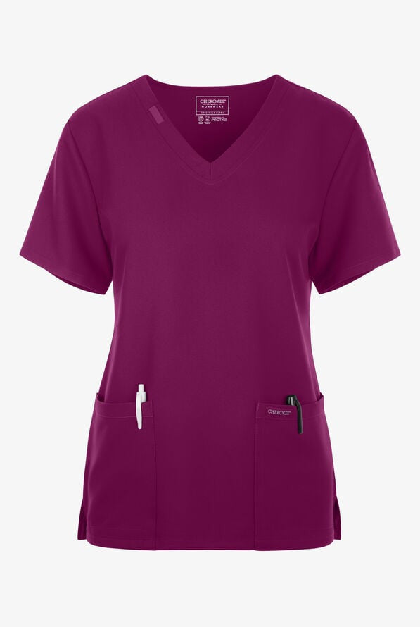 Cherokee Workwear Ultra 2 Pocket Top scrub top in wine