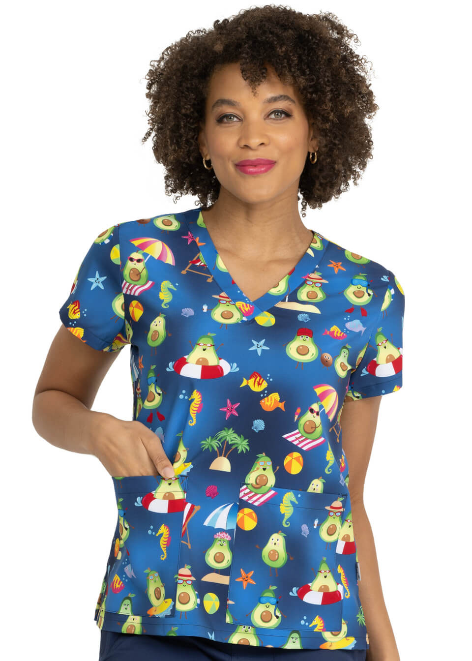 woman wearing avocado-printed scrub top with pockets